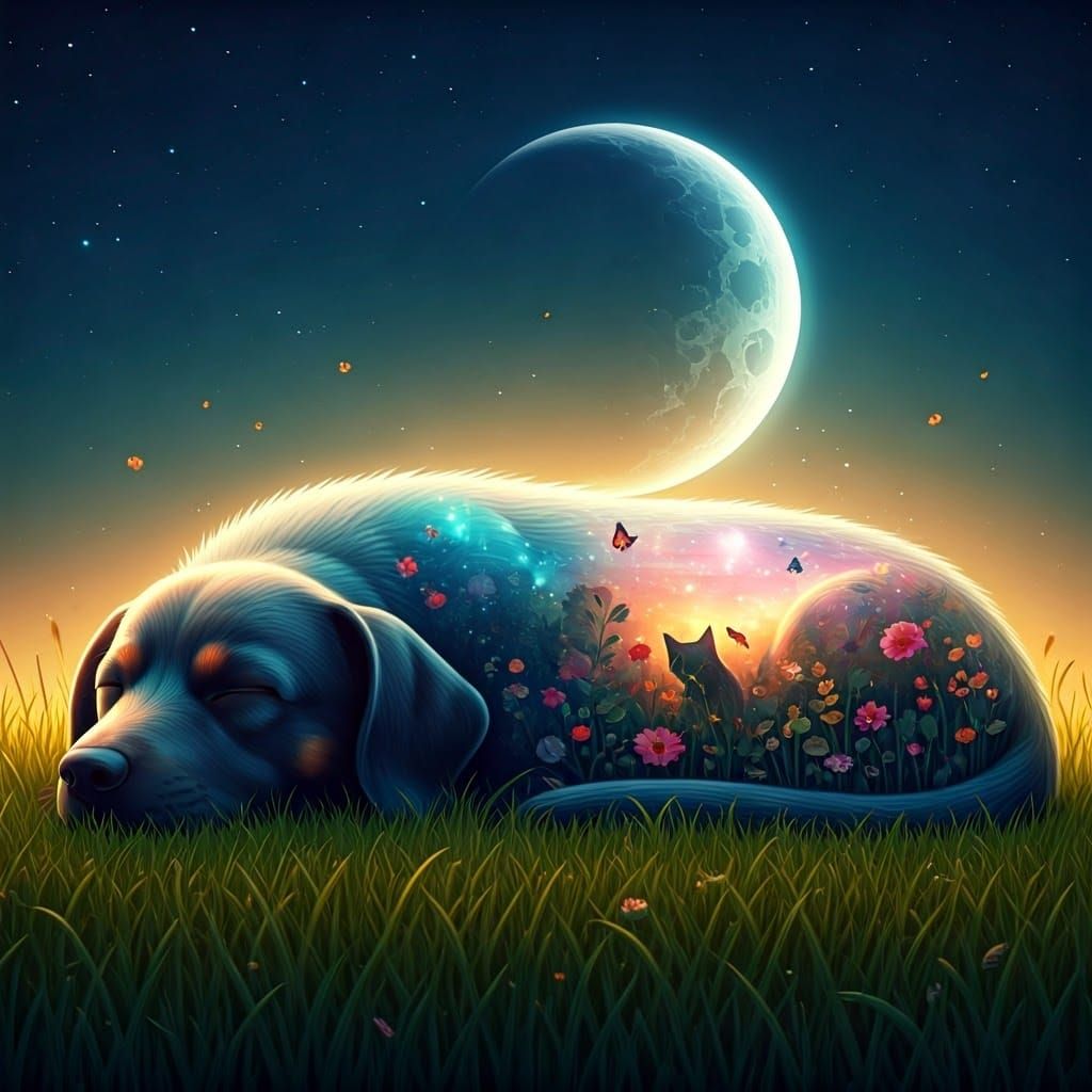 Whimsical Dog Silhouette with Dreamlike Night Scene