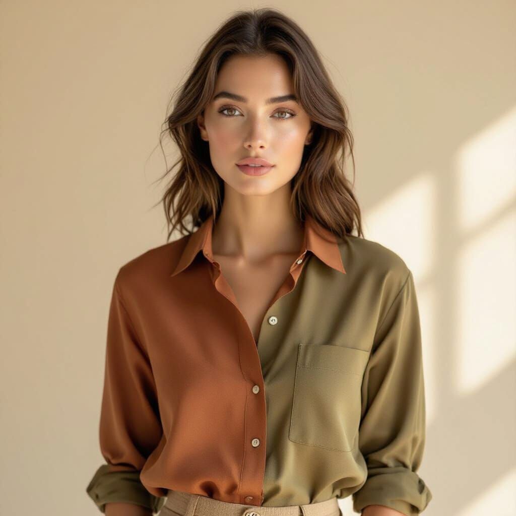 Model in Earthy Tones Shirt: Terracotta, Olive, Mustard, Bei...