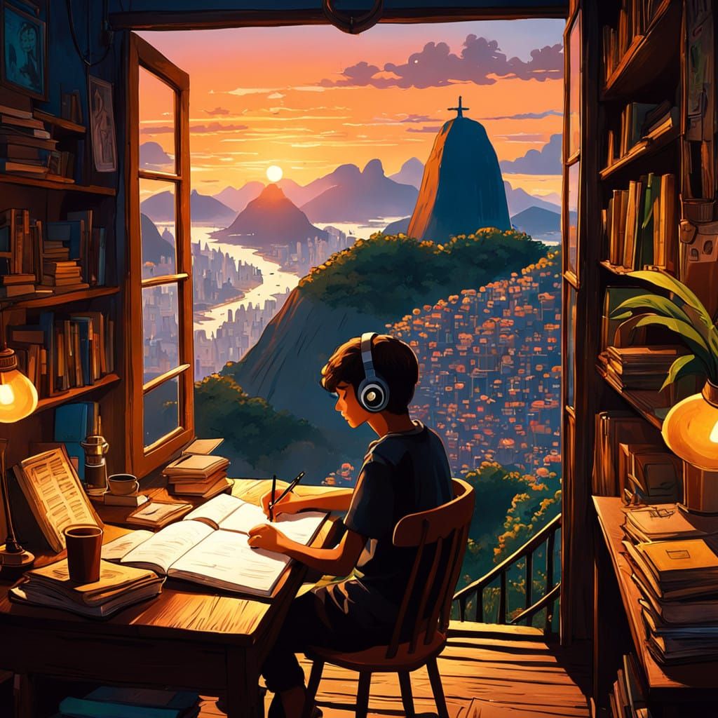 Lofi Brazilian Boy Studying Under Warm Vintage Lamp
