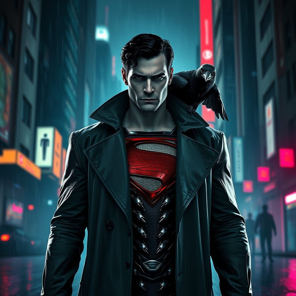 Cyberpunk Super Villain in Rain-Soaked Cityscape