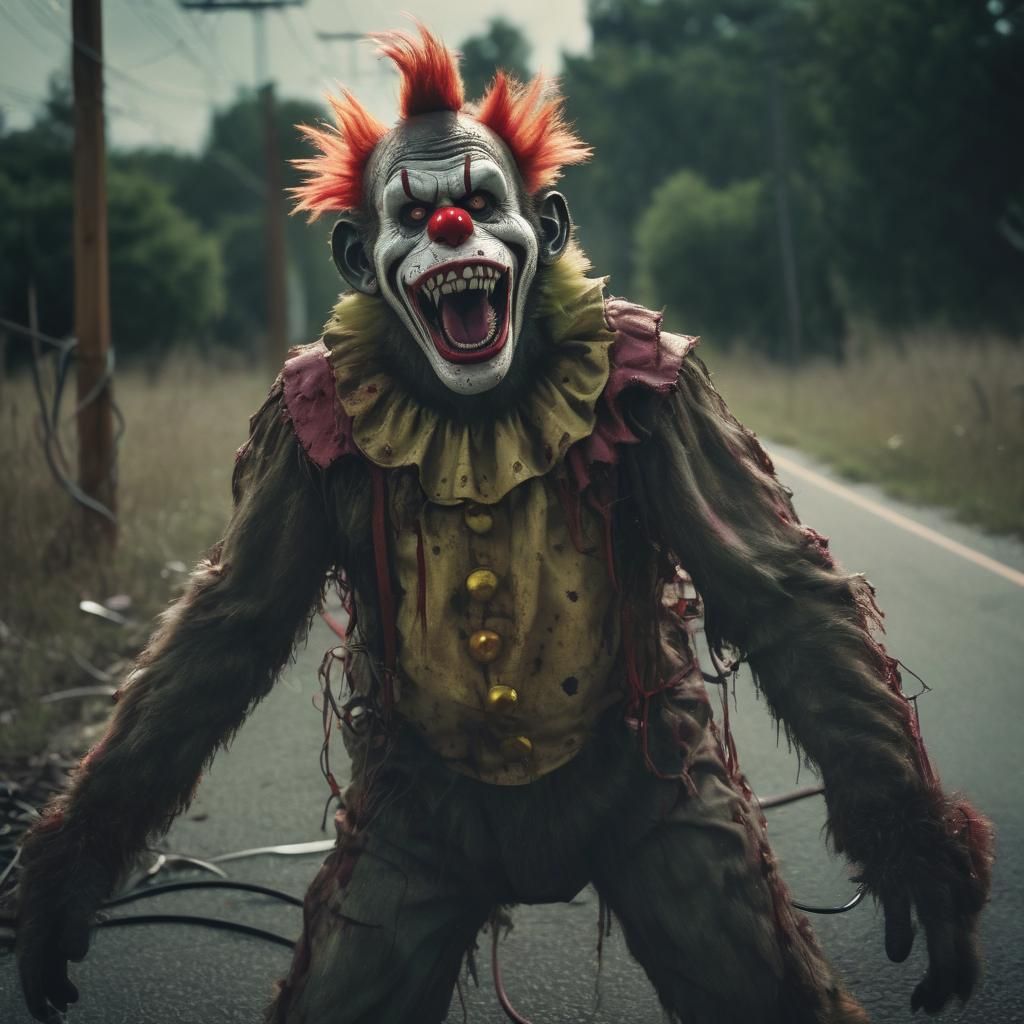 Electrocuted Zombie Monkey Clown in a Cinematic Film Still