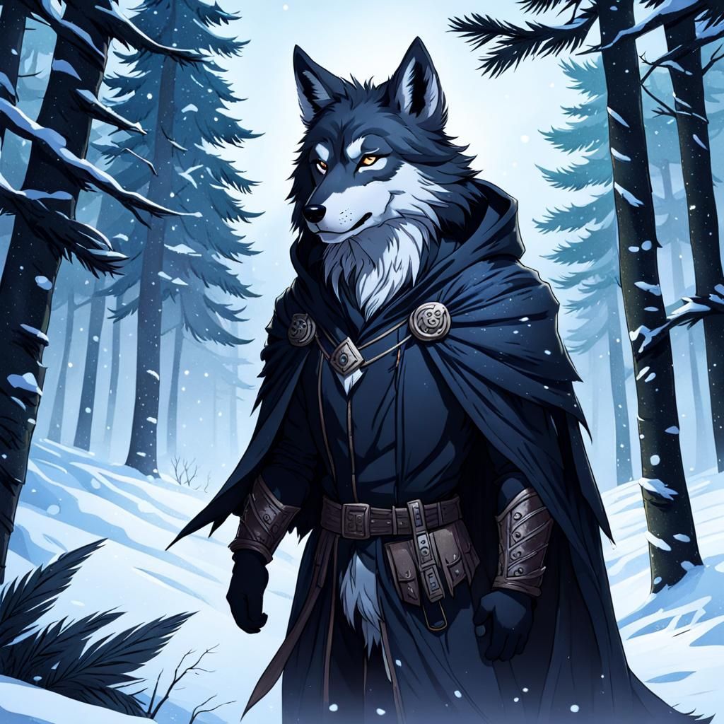 Young Anthro Wolf Alone in Snowy Forest