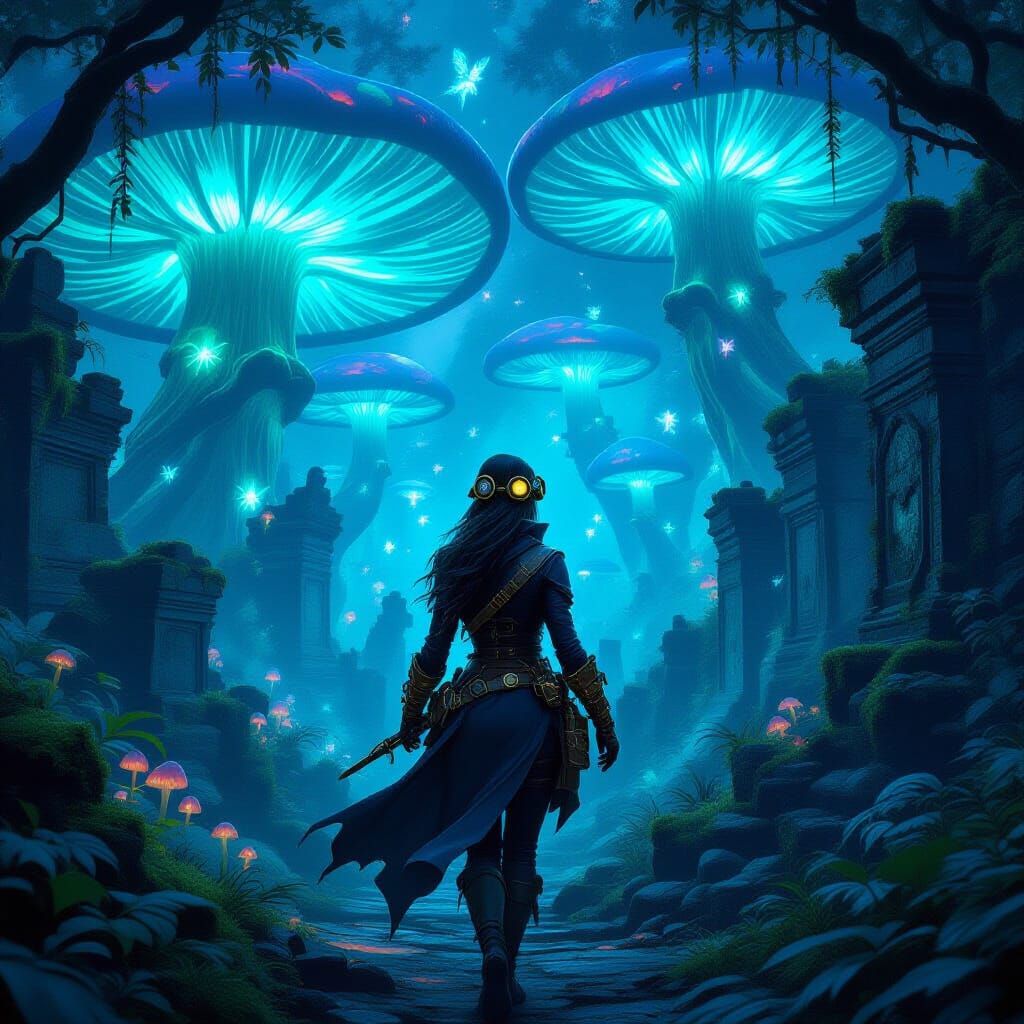 Steampunk Adventurer in Bioluminescent Forest Ruins