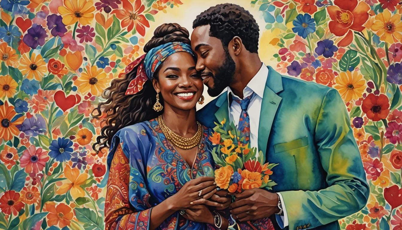 Vibrant Watercolor of an African American Couple in Love