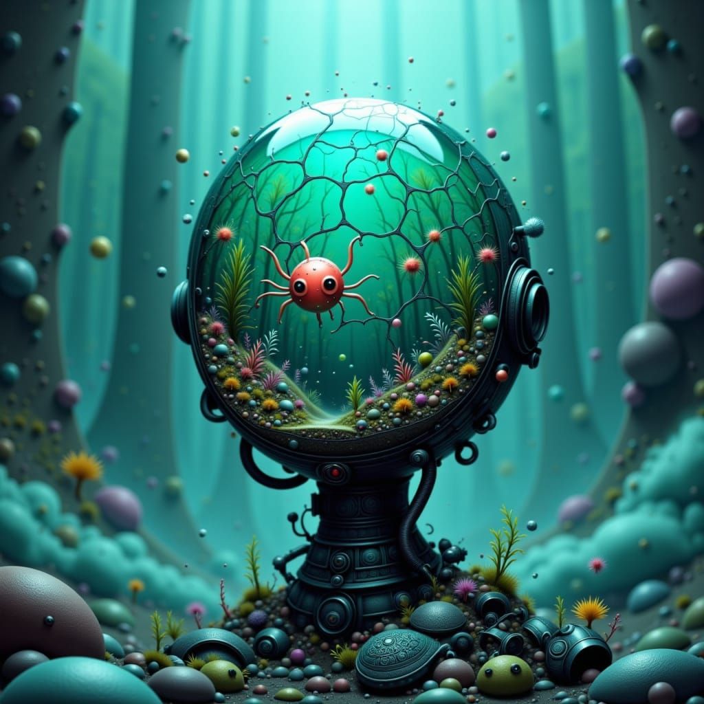 Robot with Ocean Ecosystem in Cracked Glass Head