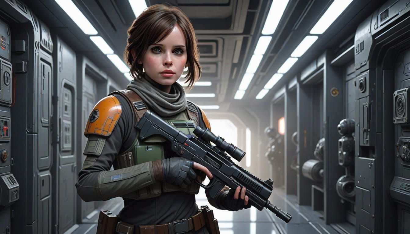 Jyn Erso in Imperial Base, Photorealistic Sci-Fi Art