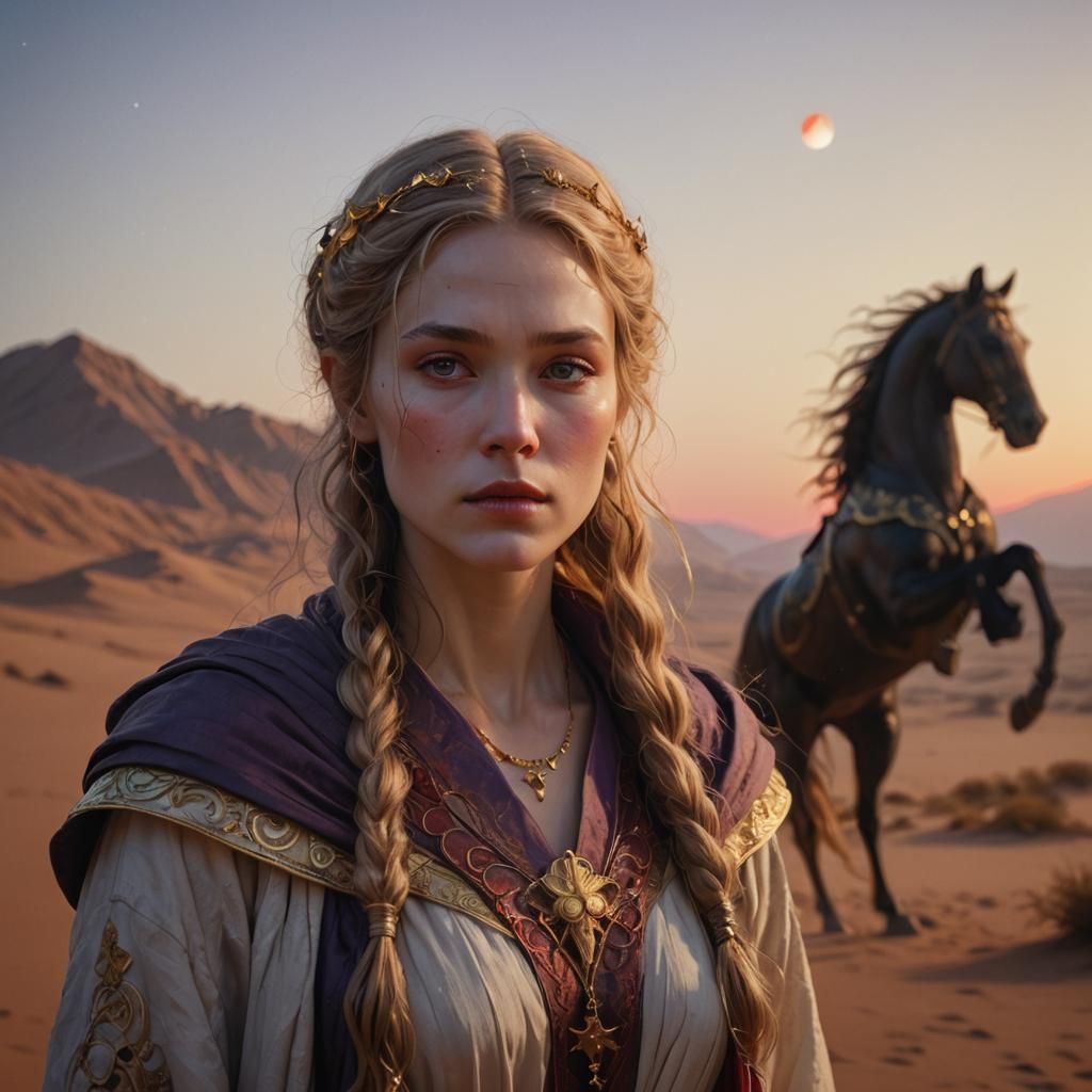 Ethereal Woman Under Red Moon in Art Nouveau Style