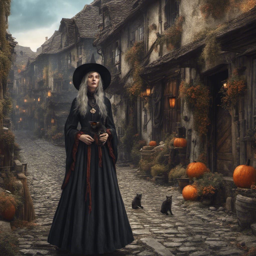 Medieval Witch and Black Cat in Hyperrealistic Style