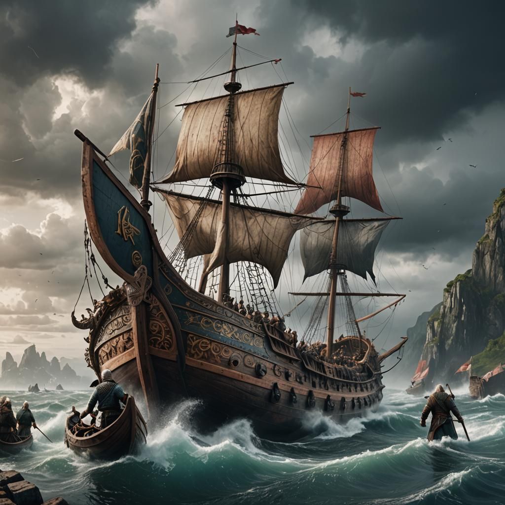 Viking Ship Departure: Detailed Matte Painting