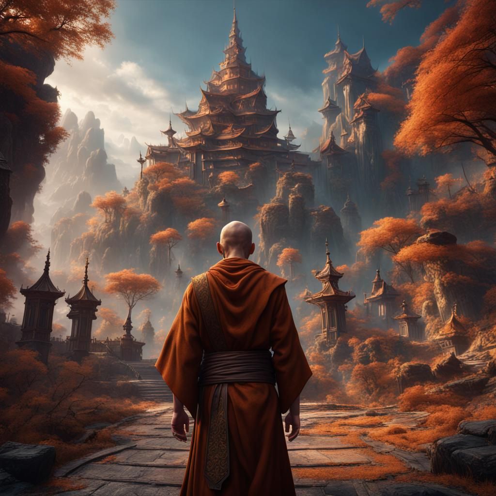 Monk in a Detailed Fantasy World Painting