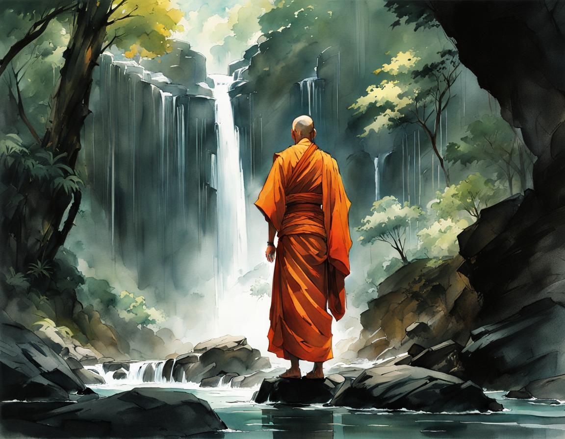 Buddhist Monk Meditating: Watercolor Calligraphy Illustratio...