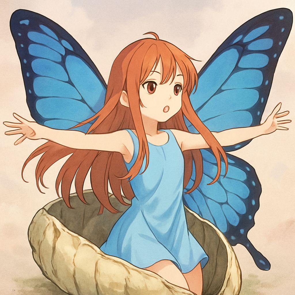 Anime Girl with Blue Butterfly Wings Emerging from Cocoon