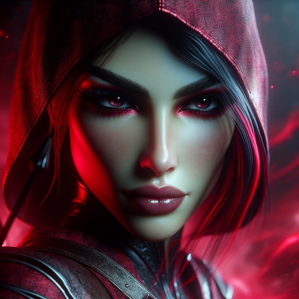 Scarlet Female Warrior Assassin in Dark Fantasy