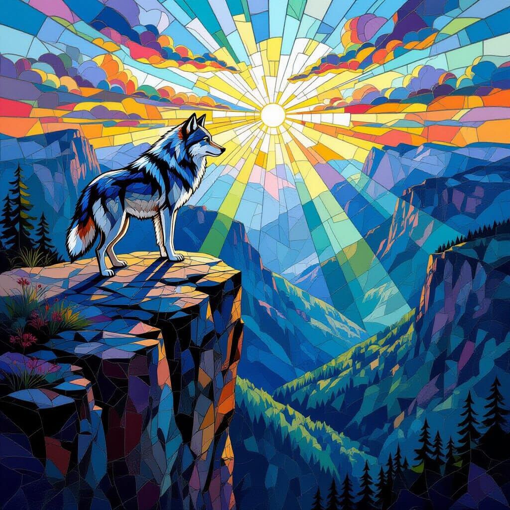 Wolf on Cliff Over Valley - Detailed Glass Mosaic Art