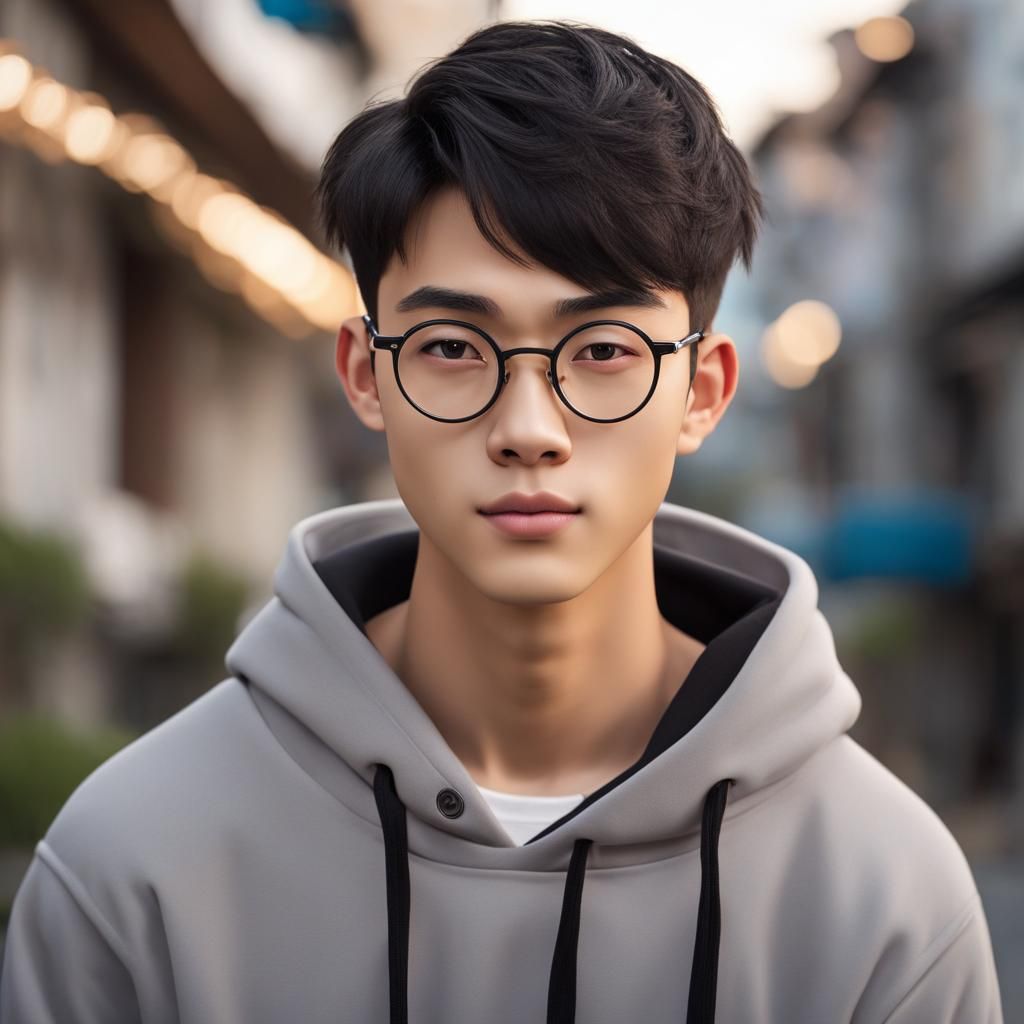 Charming Asian Teenager in Hoodie with Round Glasses
