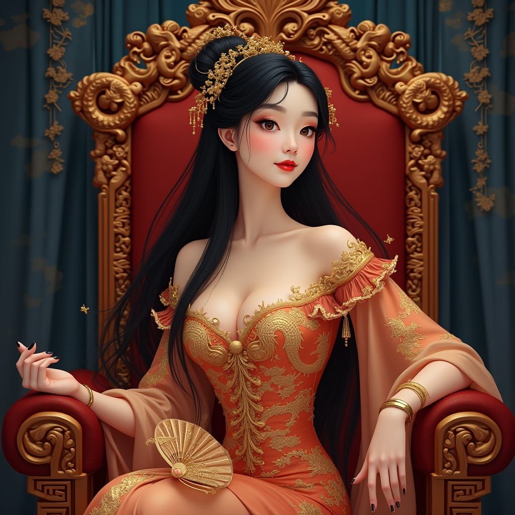 Elegant Chinese Princess on a Golden Lacquer Throne