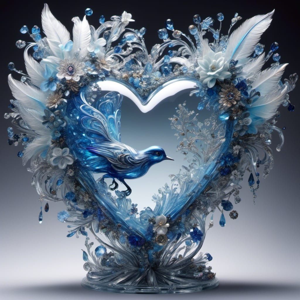 Crystal Heart with Bluejay in Decoupage Style