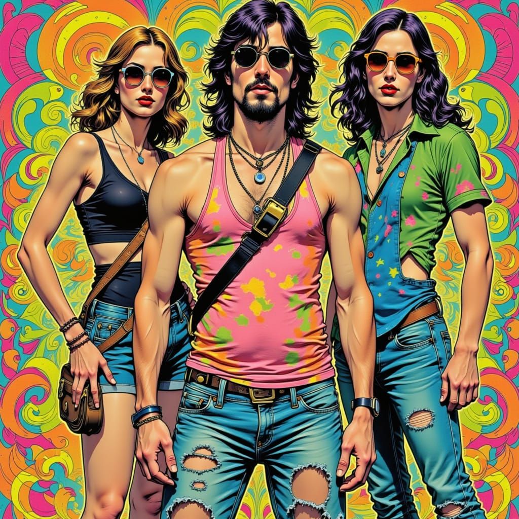 Psychedelic Hippie Scene in 1970s Style