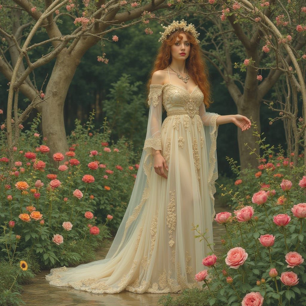 Ethereal Garden Muse in Flowing Embroidered Robes