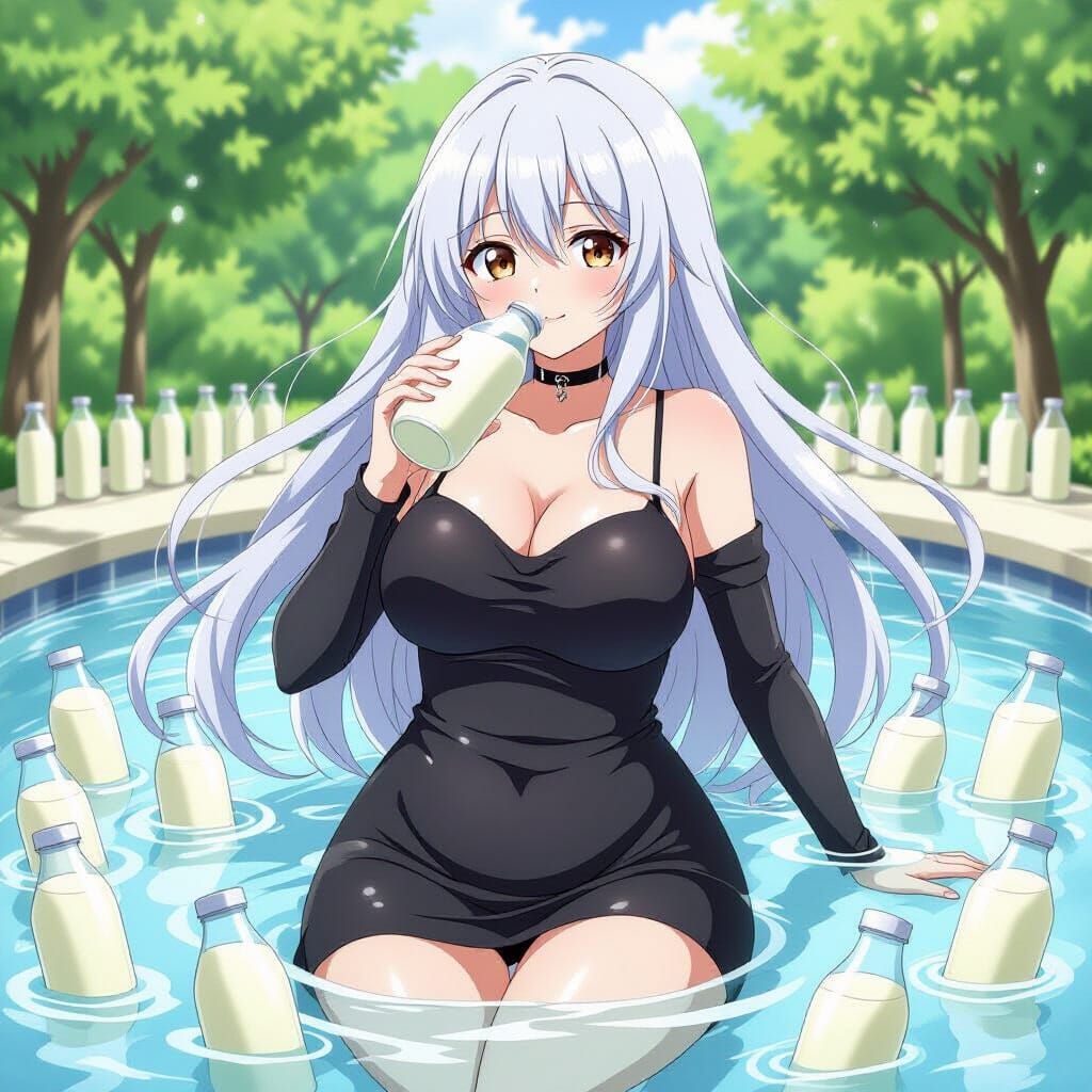Anime Woman's Milk Binge in Exaggerated Style