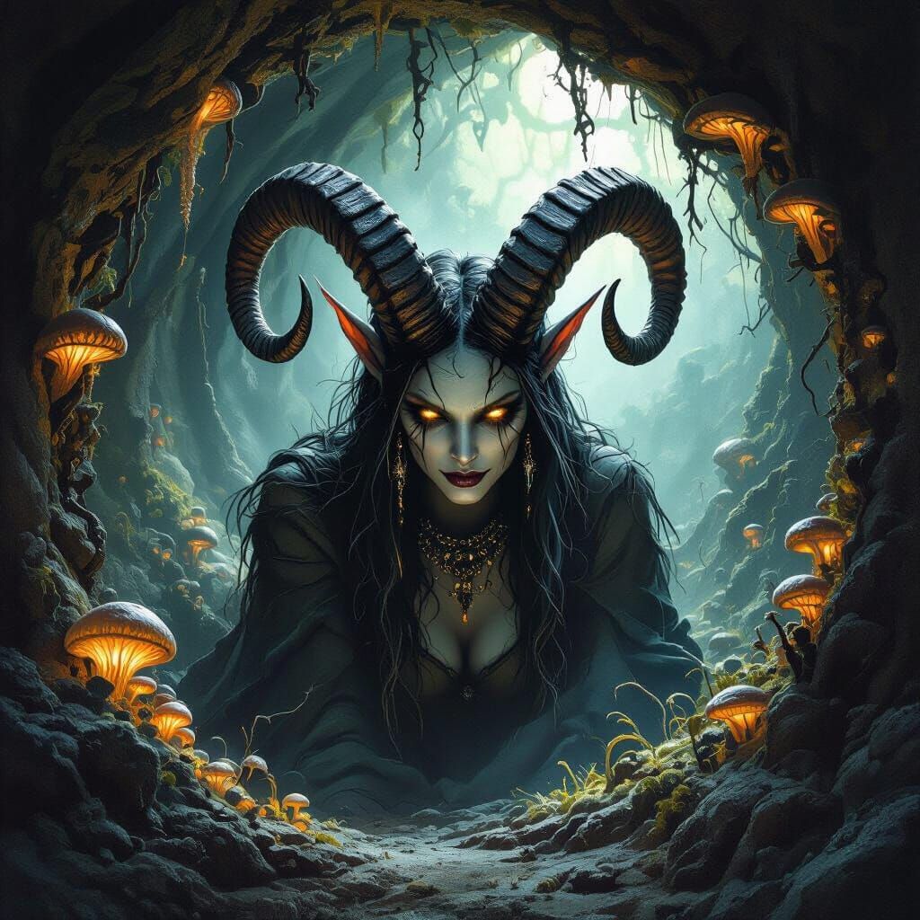 Fiendish Fey Hag with Goat Horns in Lair
