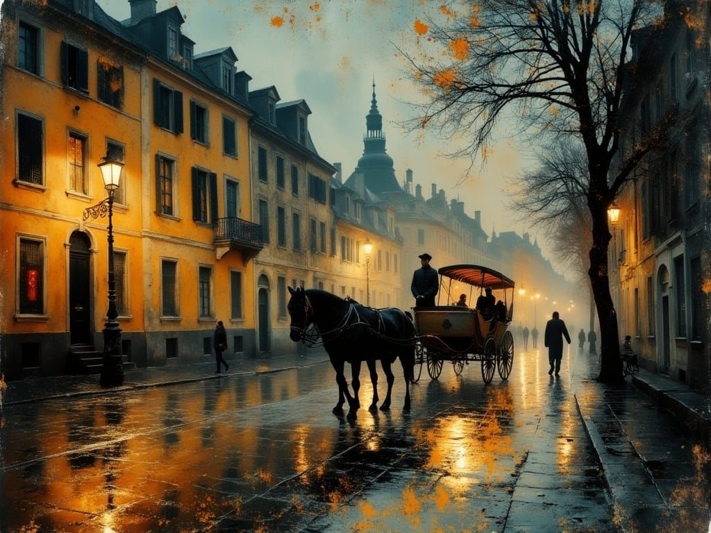Ethereal Horse-Drawn Carriage in Golden Twilight