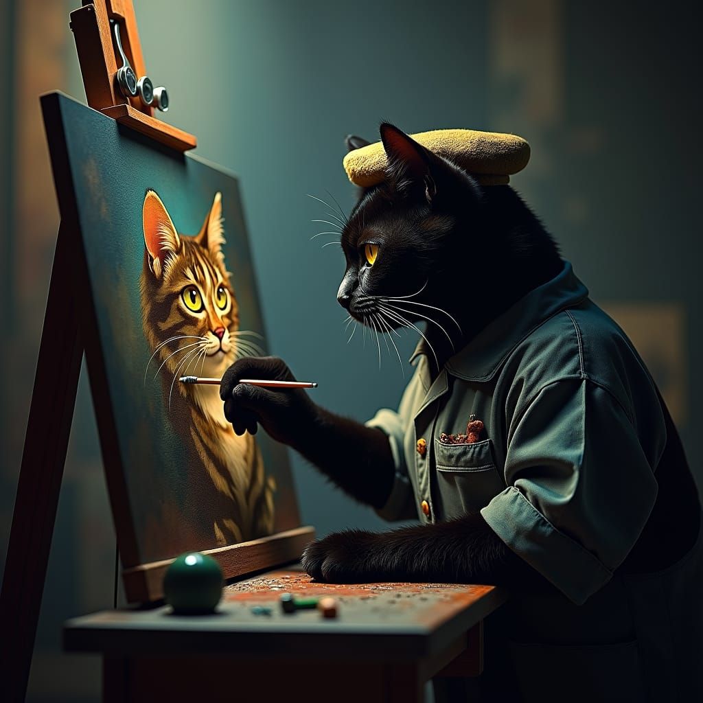 Black Cat Painting Calico Cat in Hyperrealistic Style