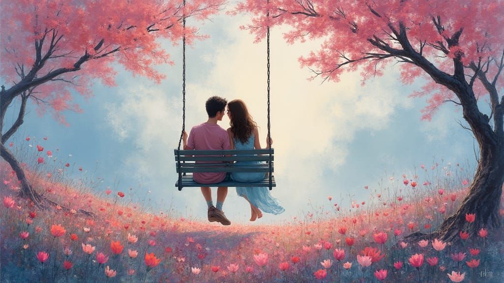 Romantic Couple in Surrealist Spring Garden