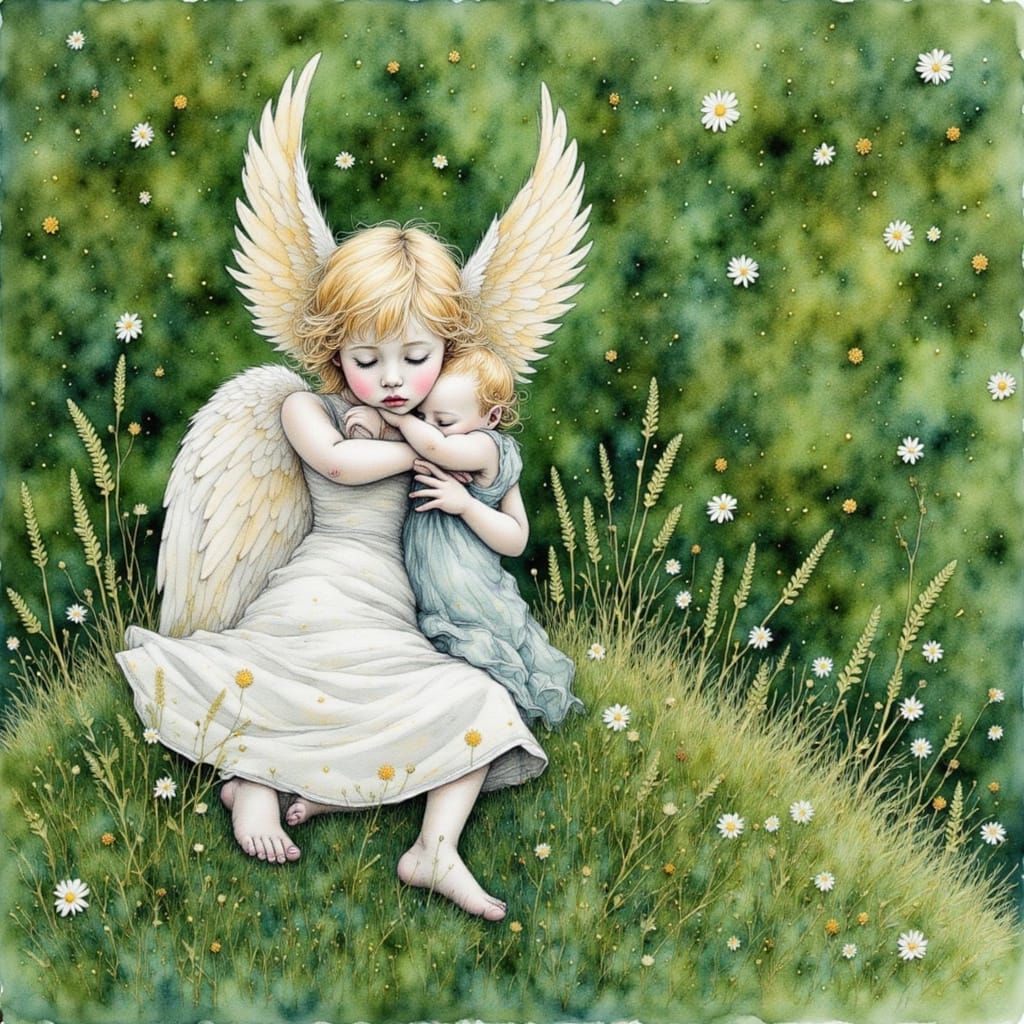 Angel on Knoll with Emerald Ink Outlines