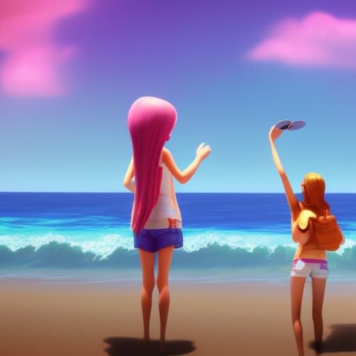 Teen Girls at the Beach: Pixar-Style 3D Art