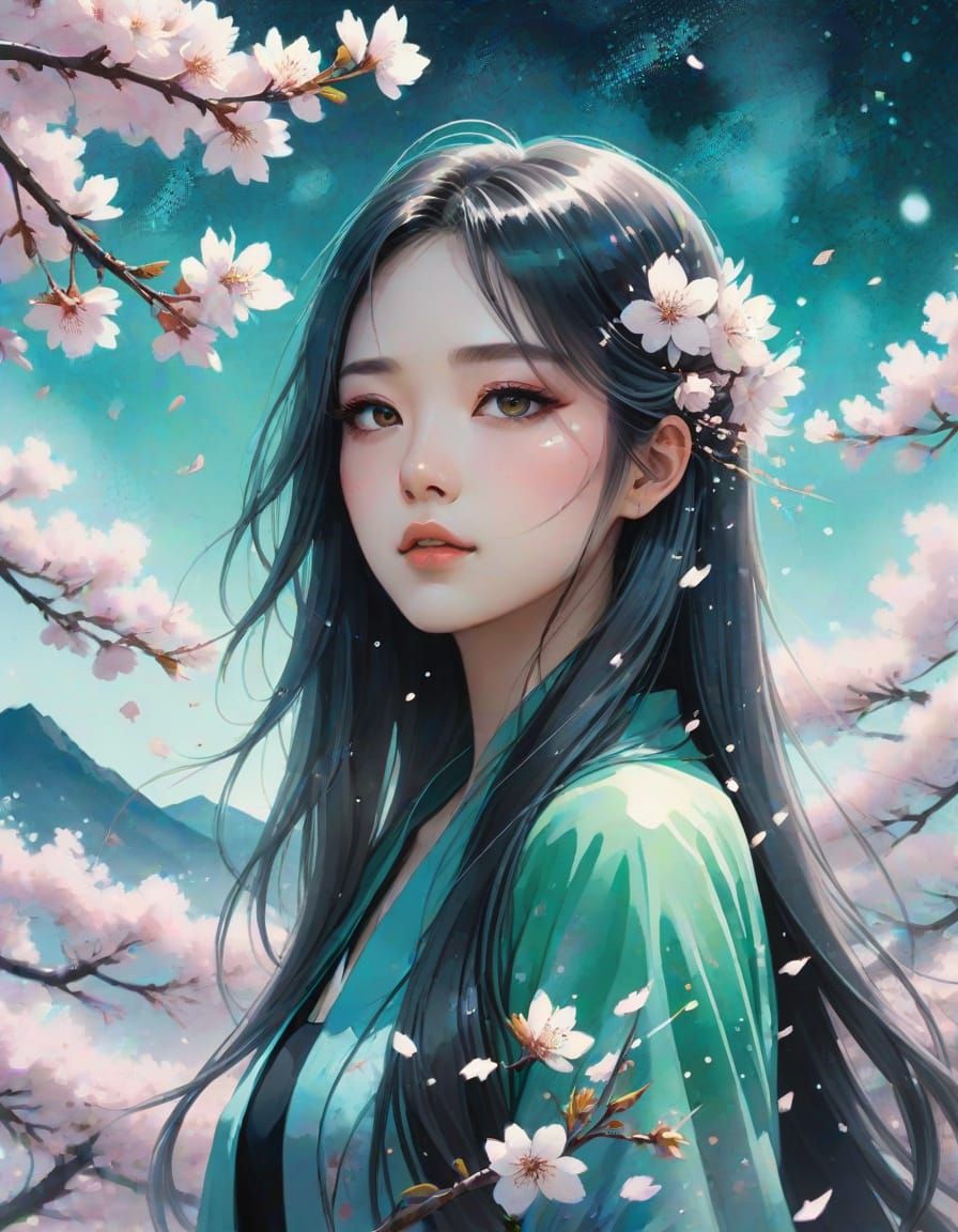 Watercolor Woman in Cherry Blossom Field