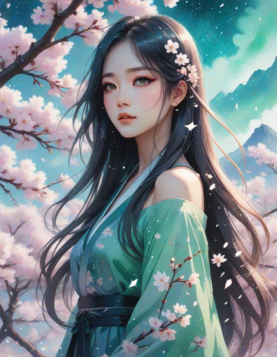 Anime Woman in Cherry Blossoms: Watercolor Art