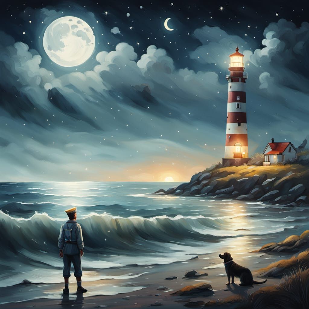 Dreamlike Lighthouse Under Starry Sky