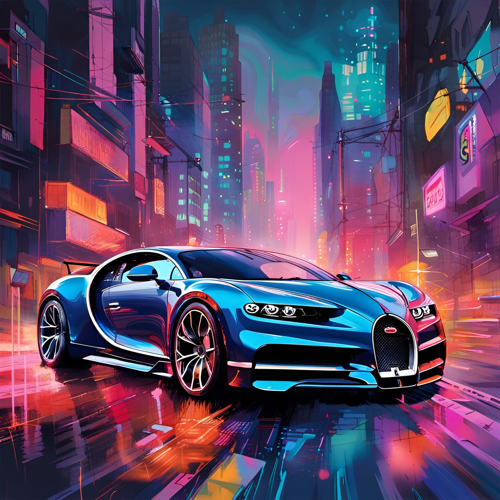 Bugatti Chiron Speeding Through Cyberpunk Cityscape