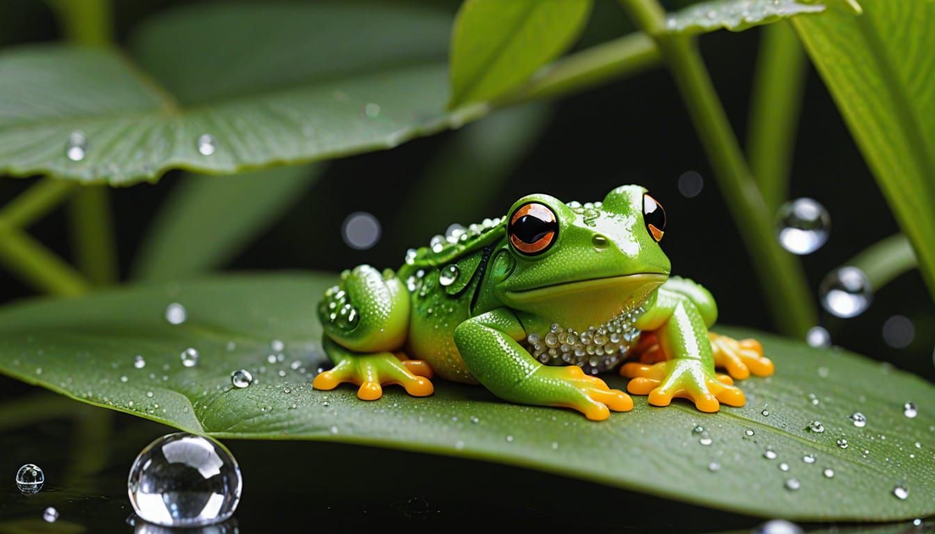 Whimsical Dewdrop Scene with Tiny Frog Basking in Morning Su...