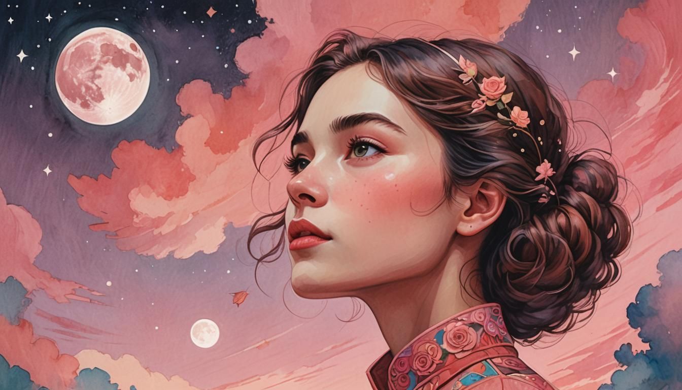 Dreamy Woman and Square Moon in Collage Style