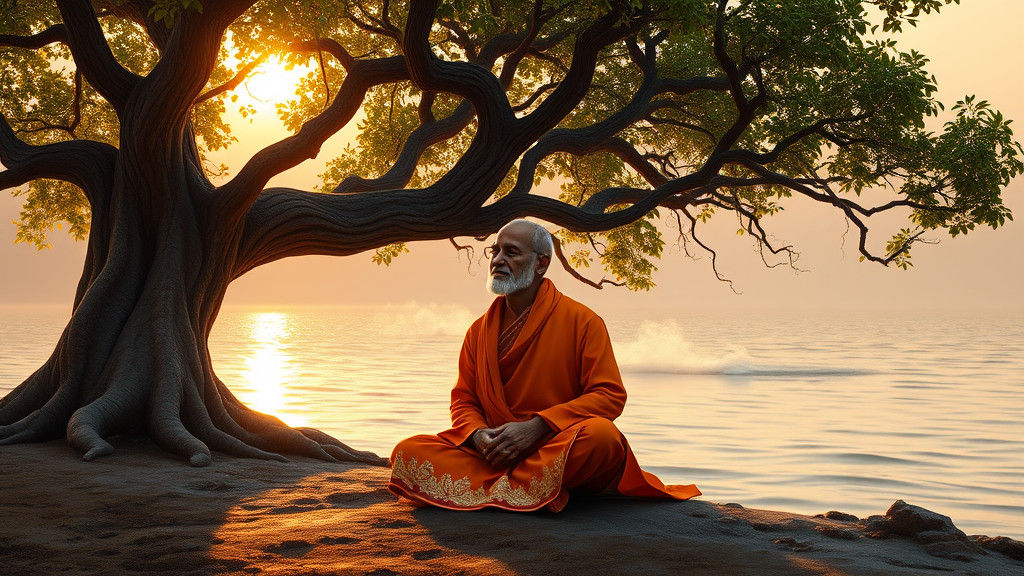 Sage Meditating at Sangam River in Hyperrealistic Style