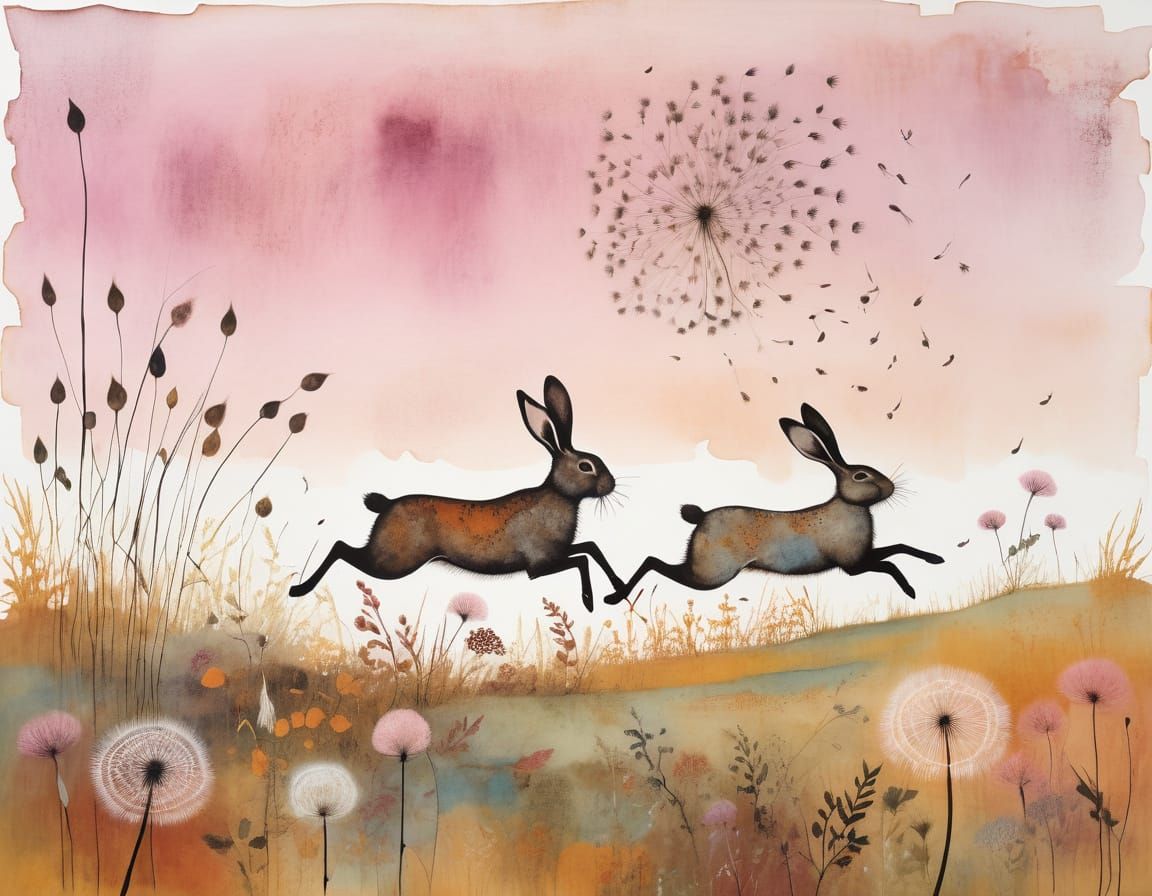 Autumn Rabbits Running in Hazy Field: Folk Art Style
