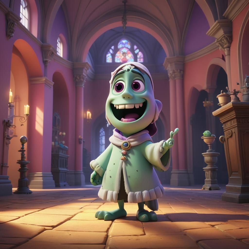 Cartoon Ghost in Castle: Pixar-Style 3D Digital Art