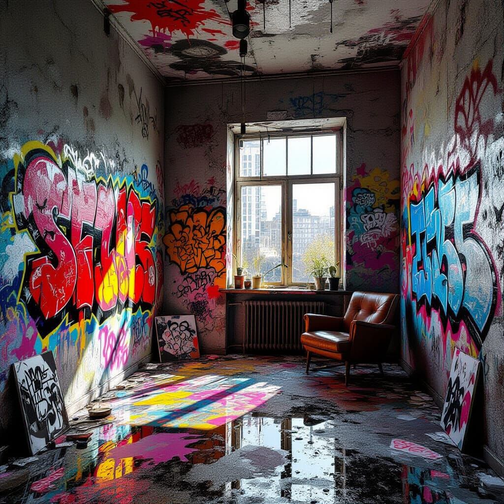 Chaotic Graffiti Art Room with Polychromatic Colors
