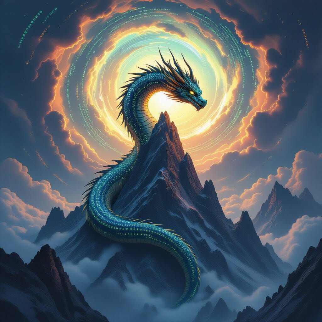 Majestic Dragon of Binary Code on Crystal Mountain