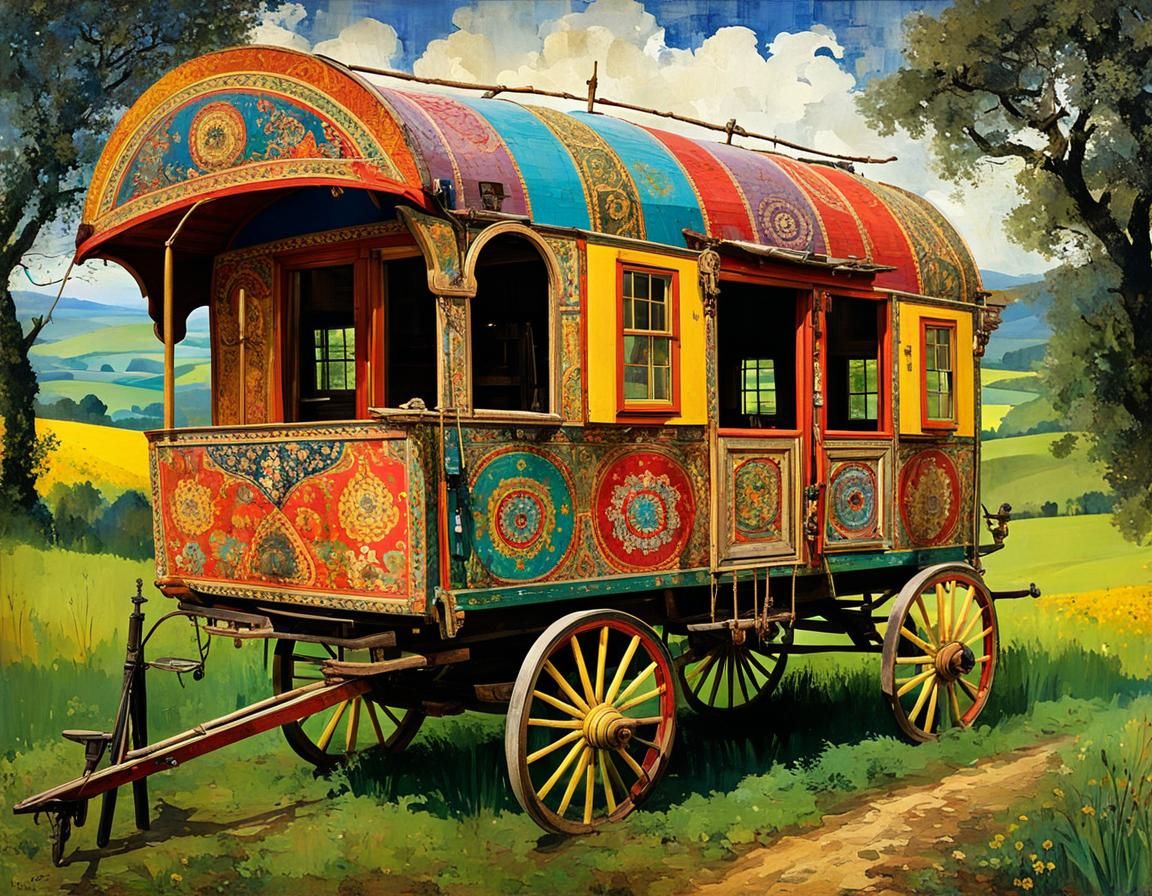 Colorful Gypsy Wagon in Landscape, Collage Art