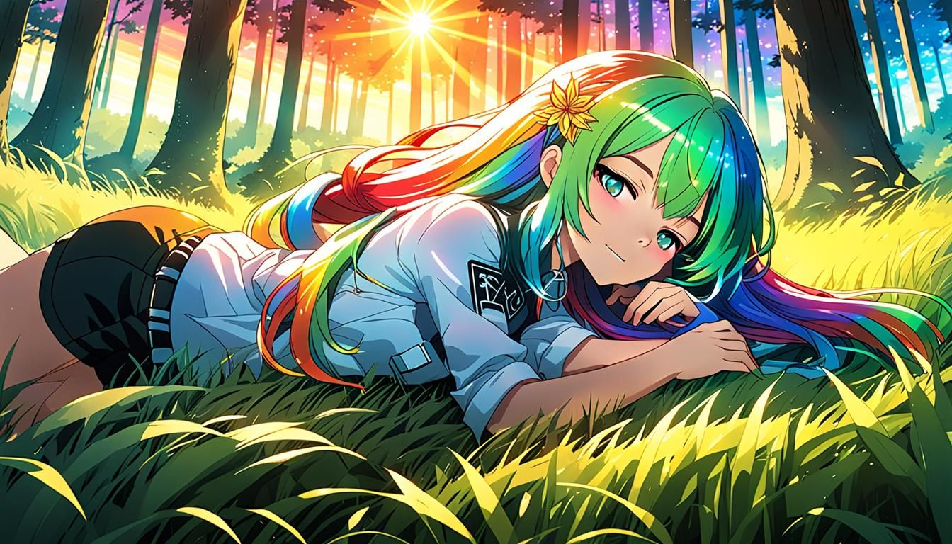 Anime Woman Sunbathing with Rainbow Hair