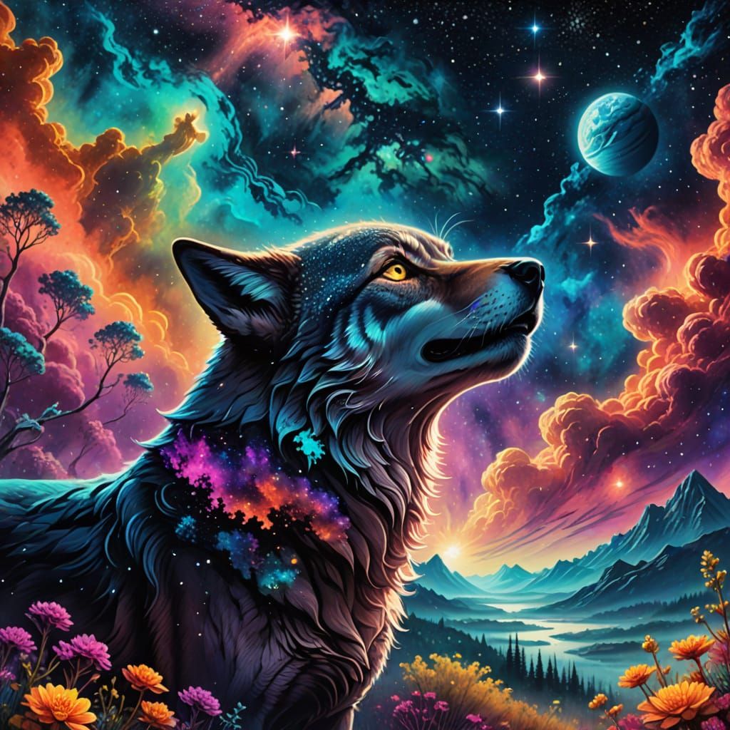 Lone Wolf Howling at Cosmic Nebula Sky