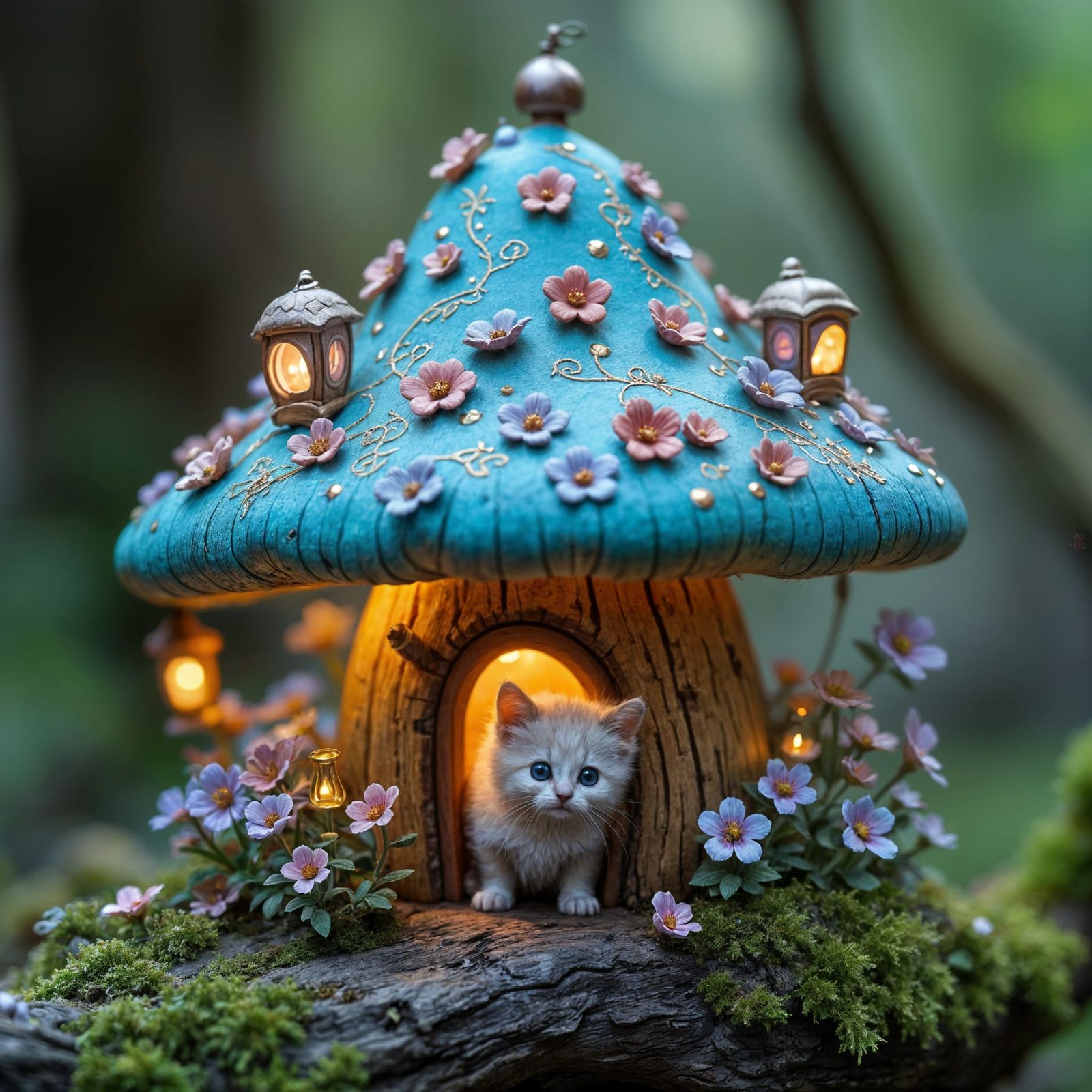 Cozy Micro Mushroom House with Kitten in Magic Wood