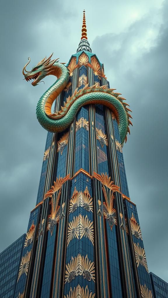 Art Deco Skyscraper with Dragon, Syd Mead Style