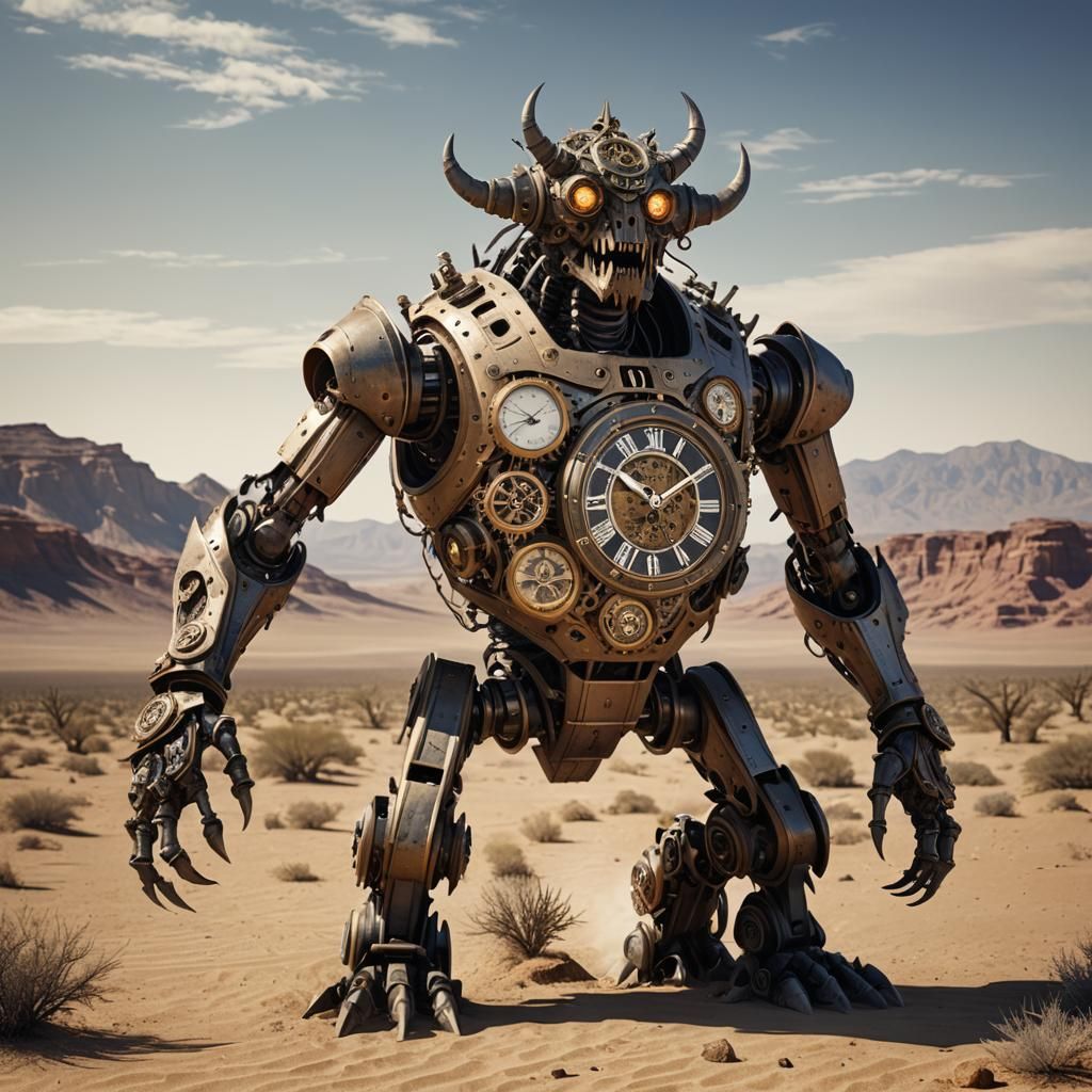 Clockwork Monster in Desert Landscape