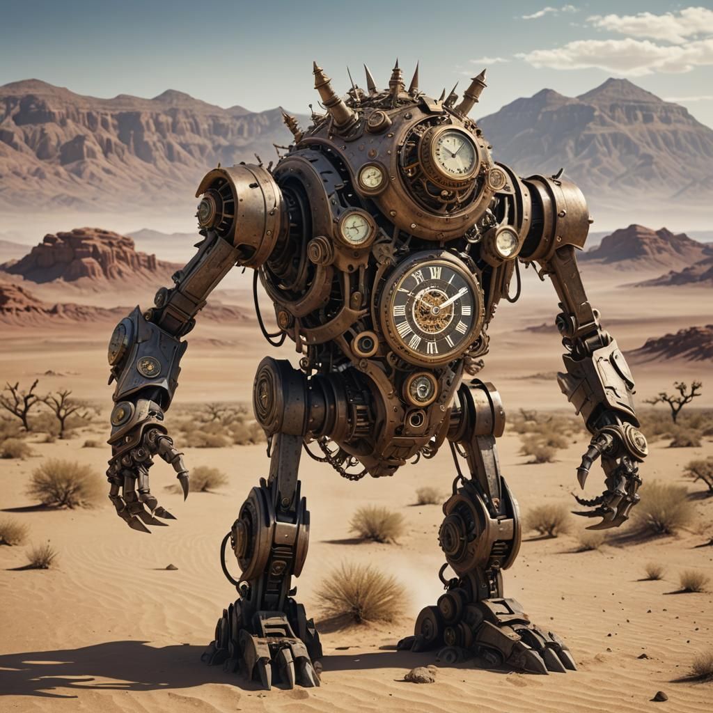 Steampunk Mechanical Monster in Desert Landscape