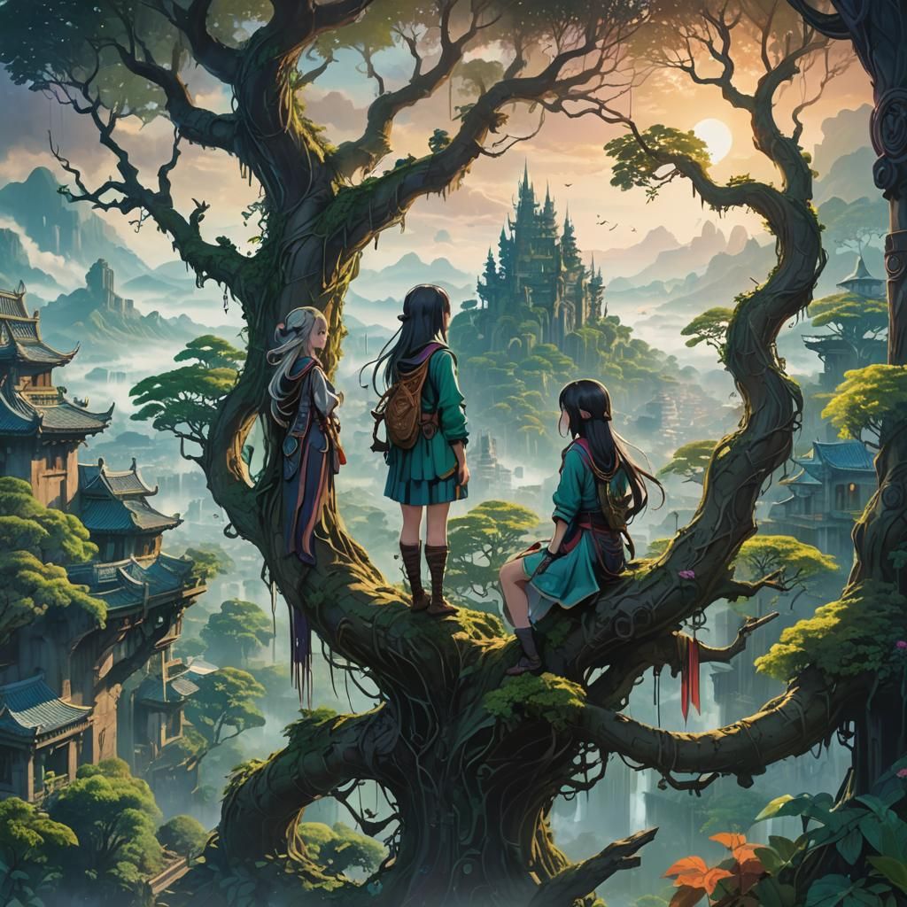 Fantasy Anime Girls Overlooking Dream Jungle City