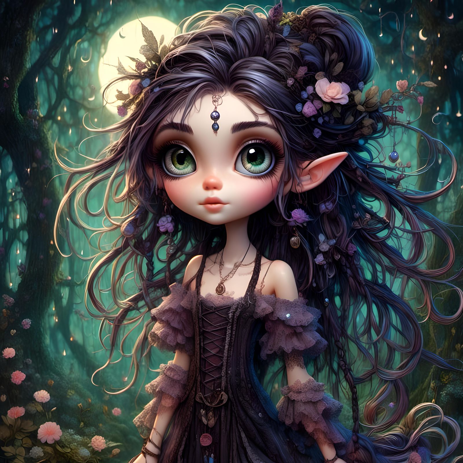 Adorable Witchy Pixie in Dark Forest Illustration